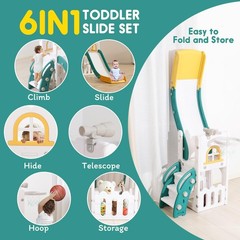 Toddler Slide for Kids with Climber Basketball Hoop, Storage Space, Telescope…