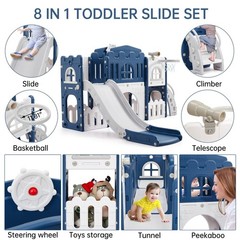 8 in 1 Toddler Slide Kids Climber Playset Indoor Outdoor Slide Playset Blue