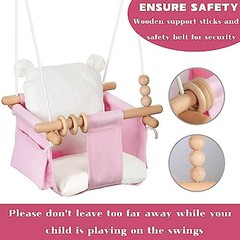 Indoor Baby Swing Wooden Baby Hanging Swing Chair Canvas Baby Pink and White