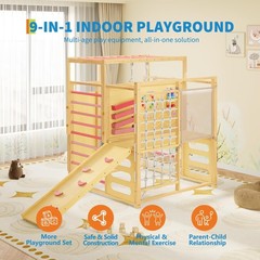 Space-Saving 9 in 1 Wooden Jungle Gym Kids 2-8, Climber w/ Slide & Net