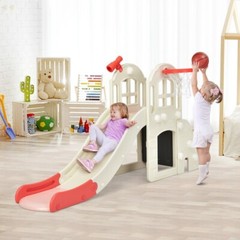6-in-1 Toddler Climber Slide Playset Outdoor Backyard Kids Toy W/Basketball Hoop