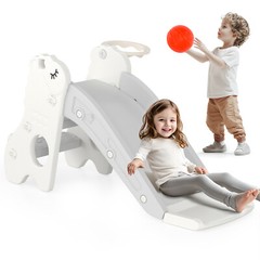 3In1 Kid Folding Slide With Climber,Basketball Hoop,Freestanding Slide Toy White