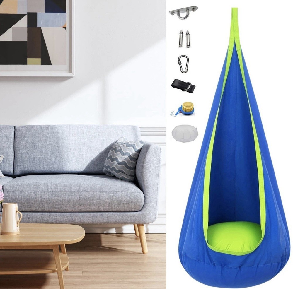 Kids Sensory Swing Pod Chair Inflatable Pillow Outdoor and Indoor Blue and Green