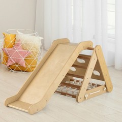 4 in 1 Wooden Climbing Set w/ 3-Side Triangle Climber & Sliding Board Natural