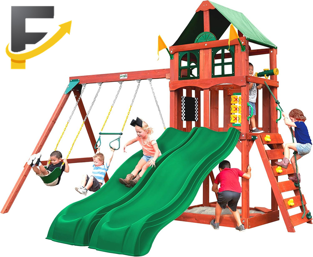 Wooden Swing Set with Vinyl Canopy Roof Dual Wave Slides Playsets 01-1057