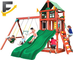 Wooden Swing Set with Vinyl Canopy Roof Dual Wave Slides Playsets 01-1057