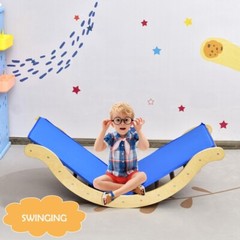 3-in-1 Kids Climber Ladder Wooden Arch Rocker board W/ Sliding & Climbing Ramp