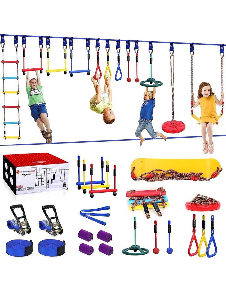 2×65 FT Ninja Warrior Obstacle Course for Kids with 13 Ninja Accessories