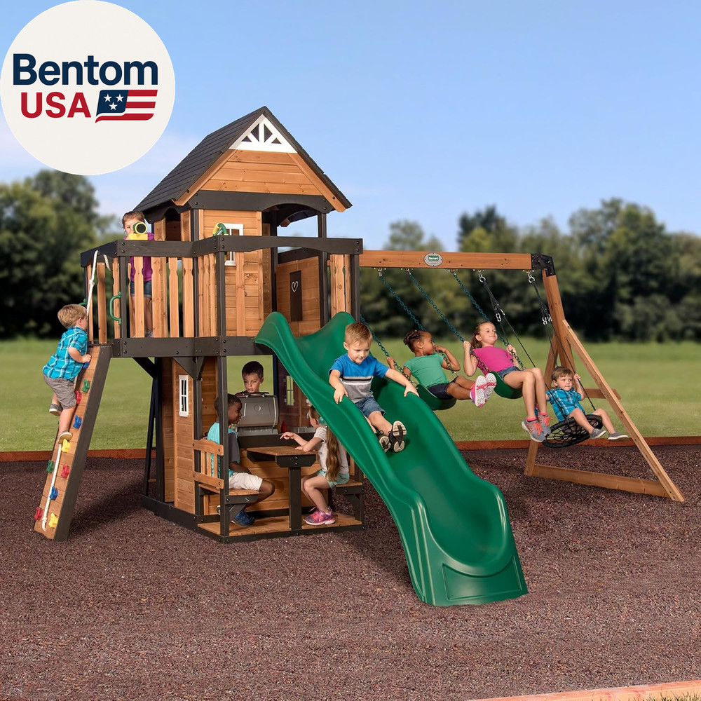 Canyon Creek Cedar Wood Swing Set with Wave Slide, Clubhouse, Play Kitchen, Picn