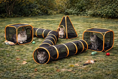 Outdoor Cat Tunnel Playset with Pop-Up Cubes & Tent – Portable Mesh Cat Playpen