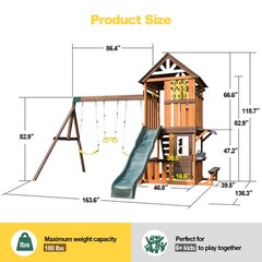 8IN1 Kid Wood Swing Slide Set Playhouse Rock Wall,Kitchen Backyard FunPlayground