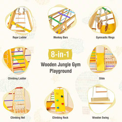 8-In-1 Jungle Gym Playset, Wooden Climber Play Set with Monkey Bars Colorful