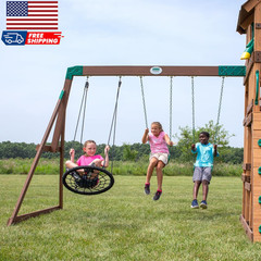 Highlander Cedar Wood Swing Set with Wave Slide Three-Story Clubhouse Rock Wall