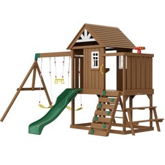 Large Outdoor Wooden Swing Set 6ft Slide 9-IN-1 with Built-In Upper Fort