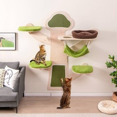 Wall-Mounted Cat Tower w/ Bed Hammock Sisal Scratching Post & Mats Cushions