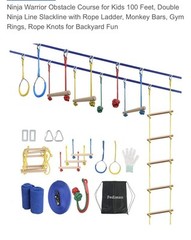New Ninja Warrior Obstacle Course 100Ft Dbl Slackline w/Ladder,Rings,Monkey Bars