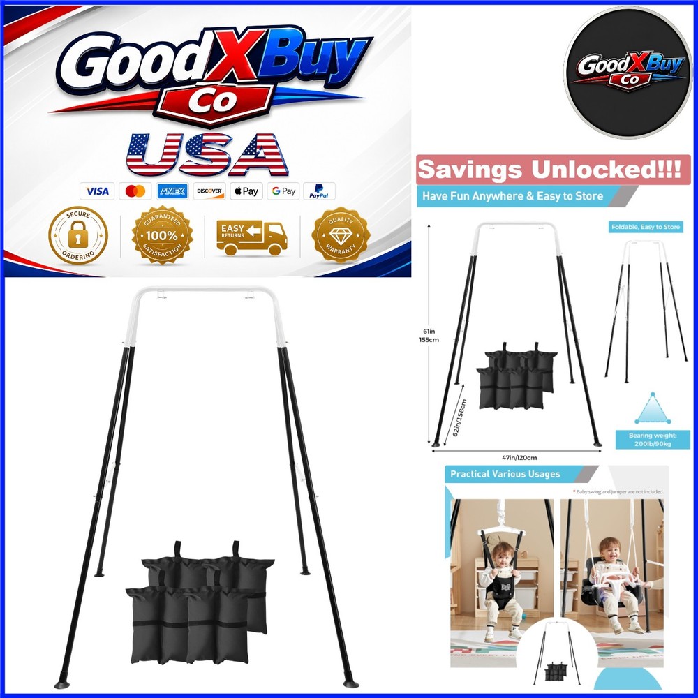 Foldable Kids Swing Stand with Sandbags Heavy Duty Metal Indoor Outdoor Black
