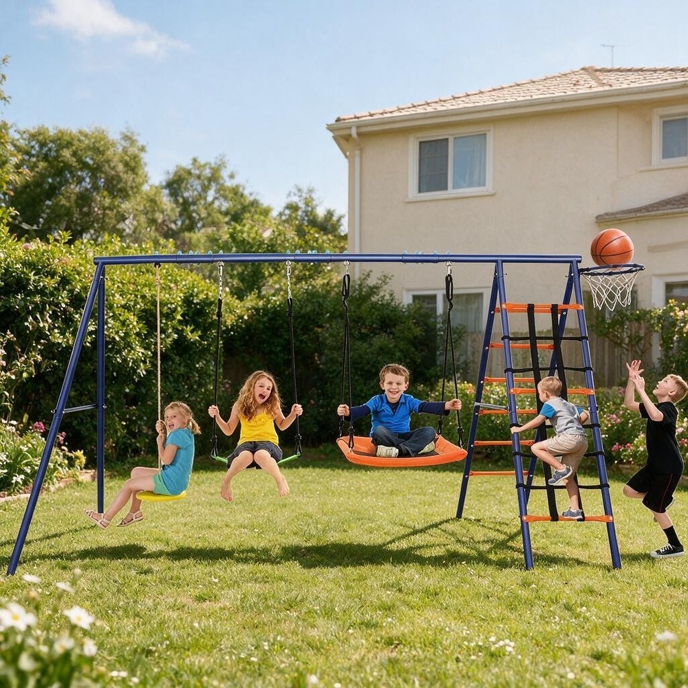 550lbs Playground Metal Swing Set Heavy Duty with Slide Outdoor Play for Kids US
