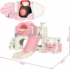 9 in 1 Toddler Slide, Bus-Themed Kids Slide and Climber Playset with Basketball