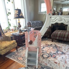 Pink and White Indoor Kids Slide with Basketball Hoop and Telescope for Ages 1-4
