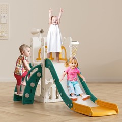 Toddler Slide for Kids with Climber Basketball Hoop, Storage Space, Telescope…