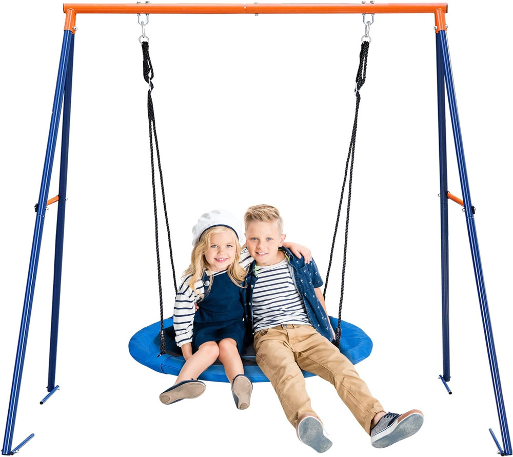 40″ Saucer Tree Swing Set with A-Framed Swing Stand Combo Outdoor for Kids Blue