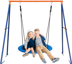 40″ Saucer Tree Swing Set with A-Framed Swing Stand Combo Outdoor for Kids Blue