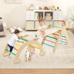 2-in-1 Wooden Climbing Ladder Kids Triangle Climber Toy w/Climbing Ramp and Arch