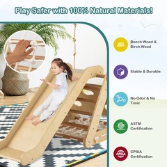Wooden Climbing Toys Set Triangle Climber w/ Sliding Ramp Natural