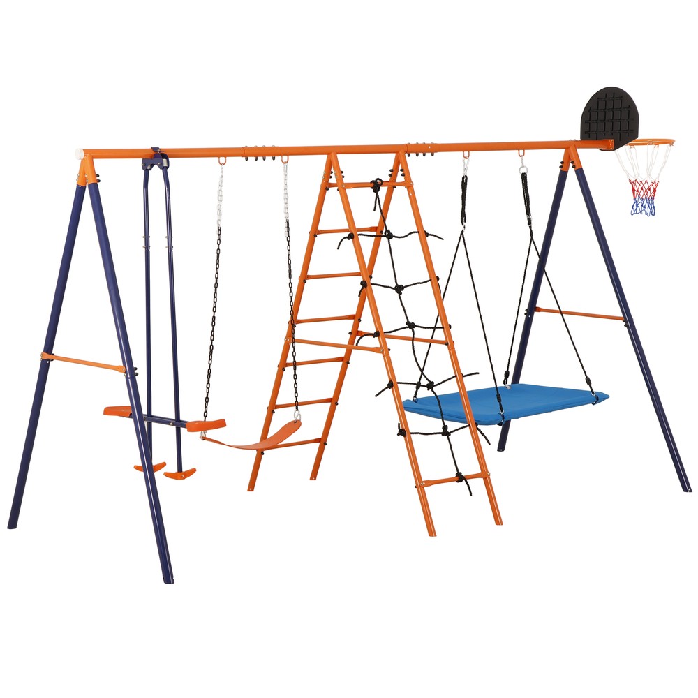 6 in 1 In/Outdoor Metal Swing Set with Safety Belt for Backyard 440lbs Capacity