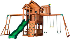 Skyfort II Cedar Wood Swing Set with Wave Slide Raised Clubhouse Outdoor Playset