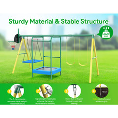 Kids Outdoor Playground Heavy-Duty Swing Play Set W/ Trampoline Basketball Hoop