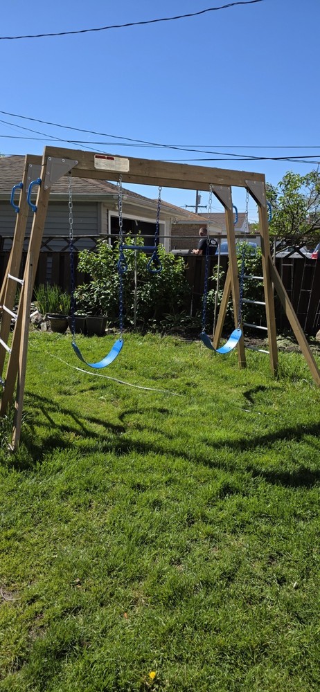 Wooden Outdoor Backyard Swing Set Frame with 2 Blue Belt Swings