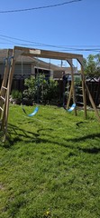 Wooden Outdoor Backyard Swing Set Frame with 2 Blue Belt Swings