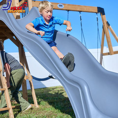 Wood Swing Set with Spiral Tube Slide Wave Slide Clubhouse Outdoor Playset