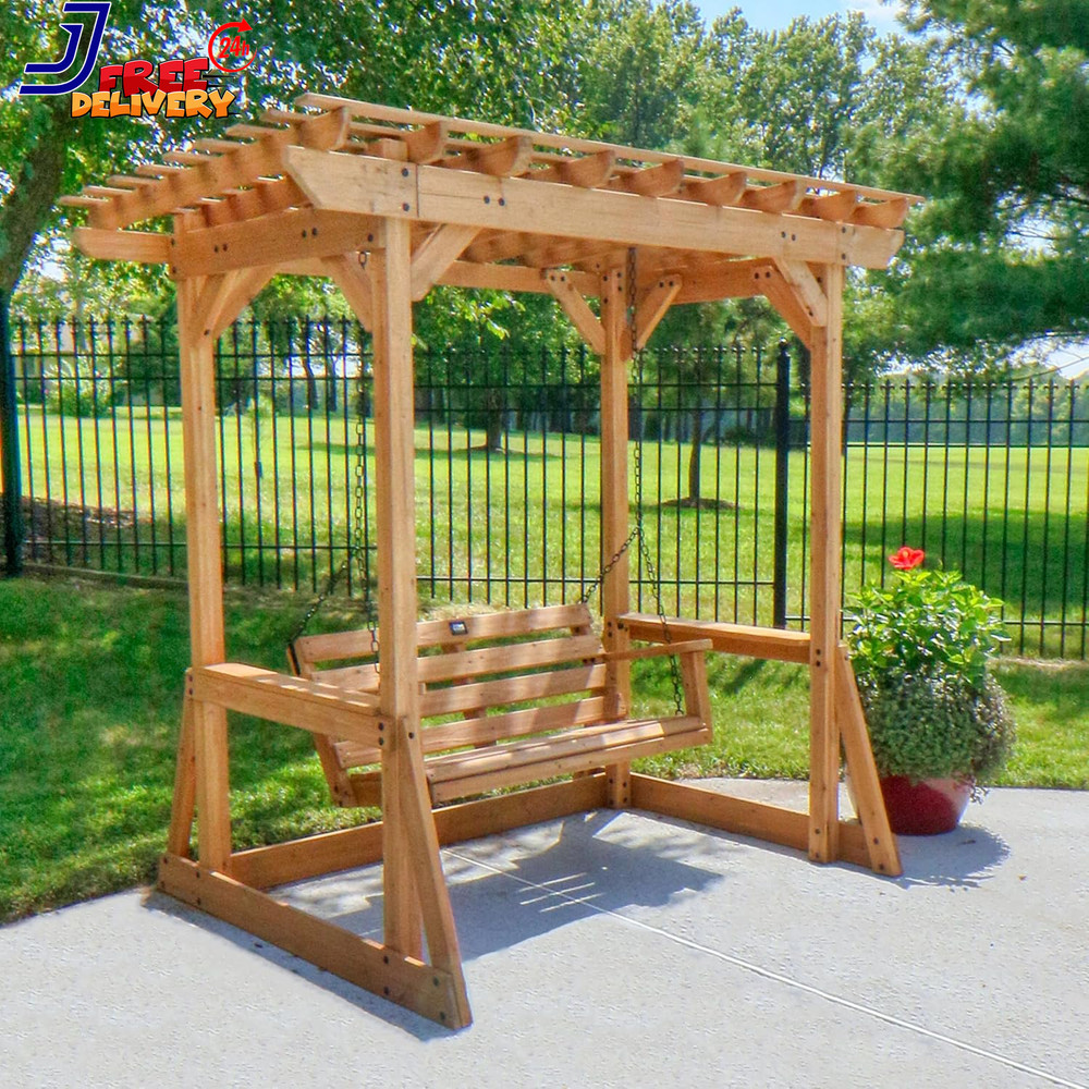 Cedar Wood Outdoor Patio Pergola Swing Bench with Trellis 600 Lb Weight Capacity