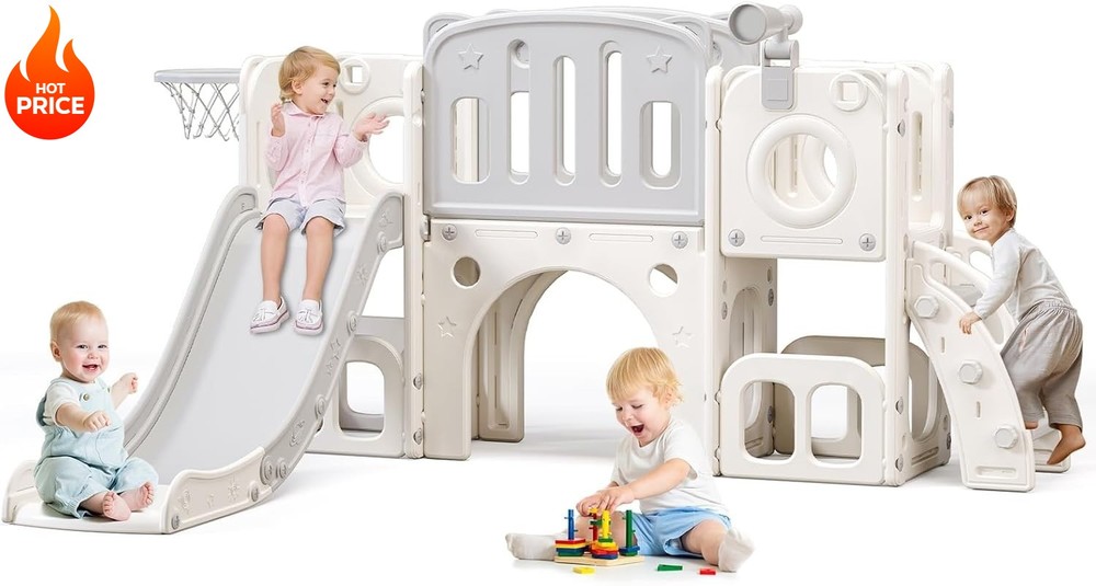8 in 1 Toddler Slide Kids Climber Slide with Telescope Hoop Outdoor Playset Gray