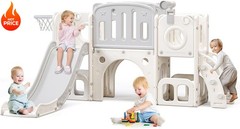 8 in 1 Toddler Slide Kids Climber Slide with Telescope Hoop Outdoor Playset Gray