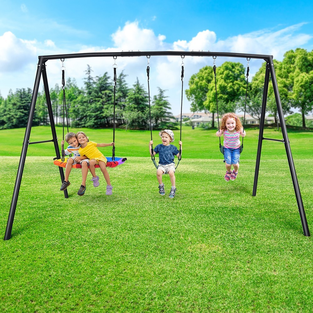 500lb Metal Swing Set for Kids ADult Heavy Duty Frame Outdoor with Three Swings