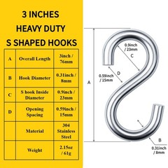 304 Stainless Steel 3 Inch S Hooks, 4 PCS S Hooks for Hanging Heavy Duty Stat…