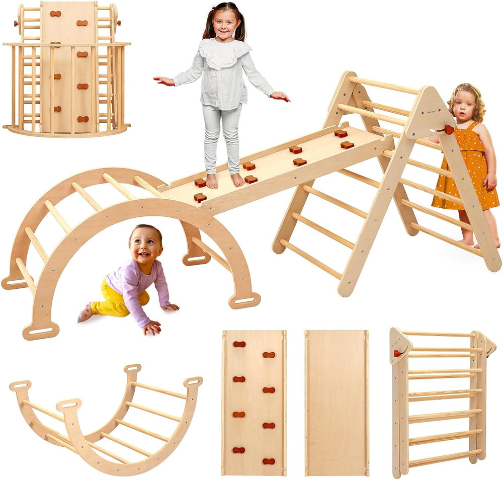 Foldable Pikler Triangle Climbing Set for Kids, 7 in 1 Montessori Large Wooden C