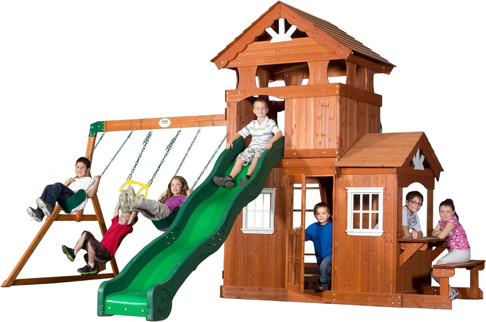 Backyard Discovery Shenandoah Cedar Wood Swing Set with Wave Slide, Raised Clubh