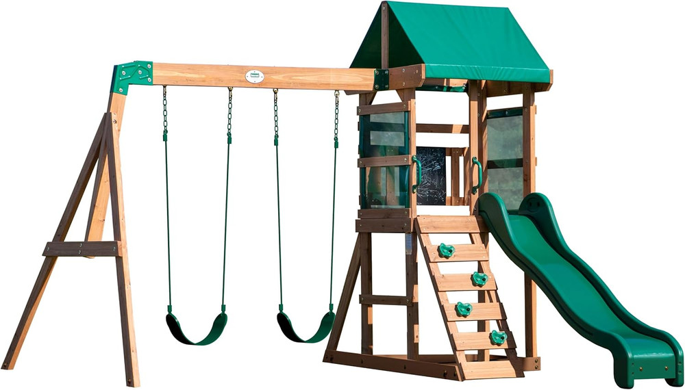 Backyard Discovery Buckley Hill Cedar Wood Swing Set with Wave Slide, Play Deck,