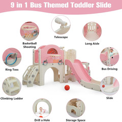 9 in 1 Toddler Slide, Bus-Themed Kids Slide and Climber Playset with Basketball