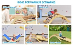 3-in-1 Kids Climber Ladder Wooden Arch Rocker board W/ Sliding & Climbing Ramp