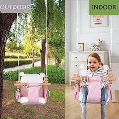 Indoor Baby Swing Wooden Baby Hanging Swing Chair Canvas Baby Pink and White