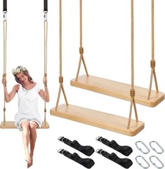 2 Pcs Wood Swing Seat Carbonized Hanging Wood Tree Swing W/ Adjustable Rope