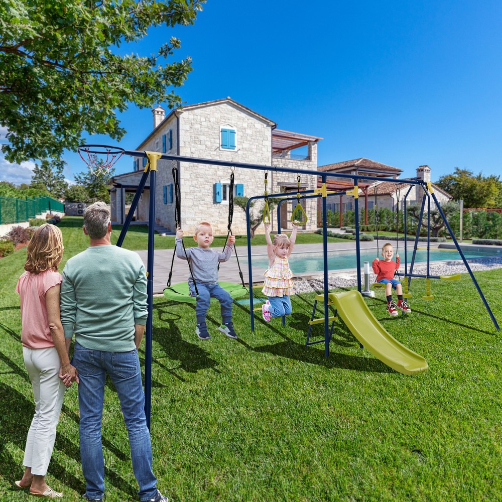 7-in-1 Kids Swing Combo Set w/ Adjustable Ropes & 8 Ground Stakes for Outdoor