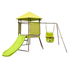 4-in-1 Kids Outdoor Metal Playset with Covered Playhouse Fort, Slide & Ladder