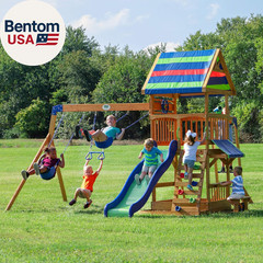 Beach Front Cedar Wood Swing Set with Wave Slide, Play Deck, Monkey Bars, Rock W